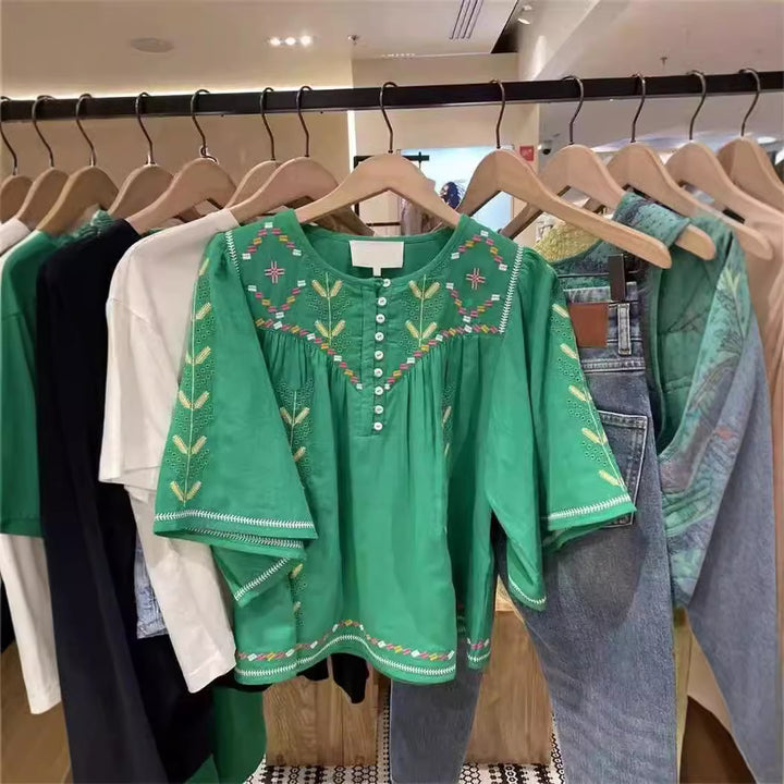 Damer broderet tunika med brede ærmer og kunstnerisk design Stilla