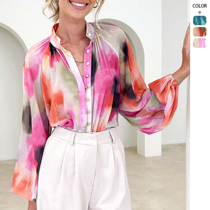 Dame gennemsigtig bluse med ballonærmer og blomsterdesign Skovae