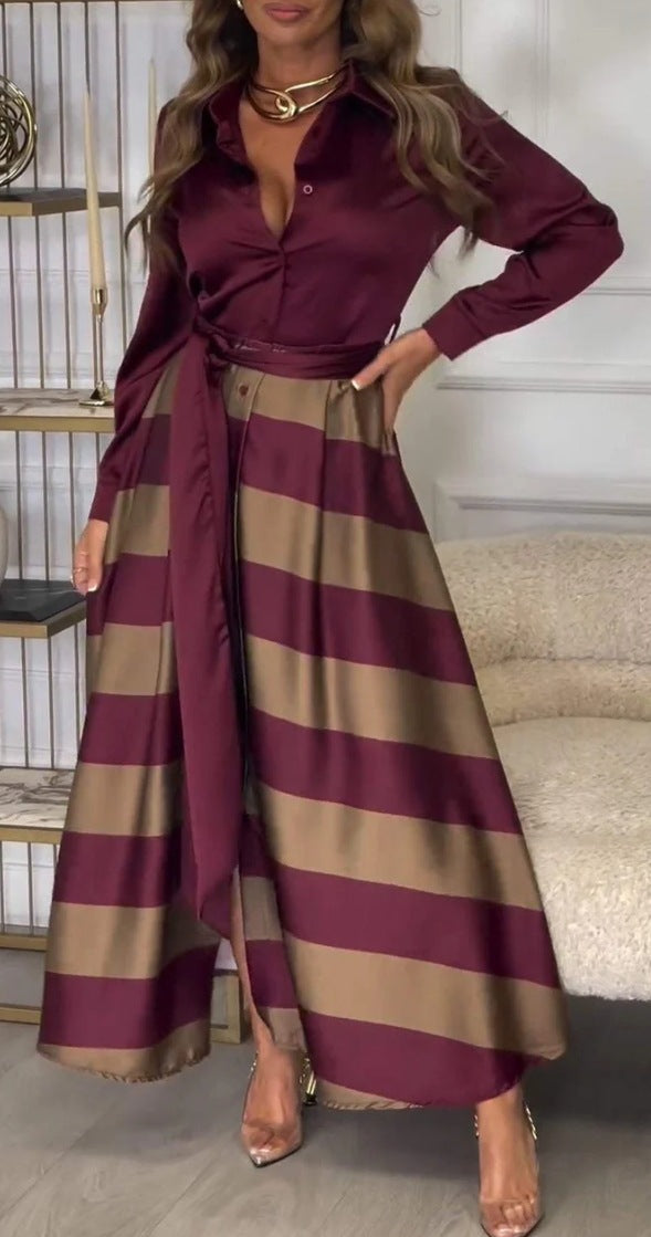 Dame Elegant Skjortekjole med brede striber og taljebinding Stilla