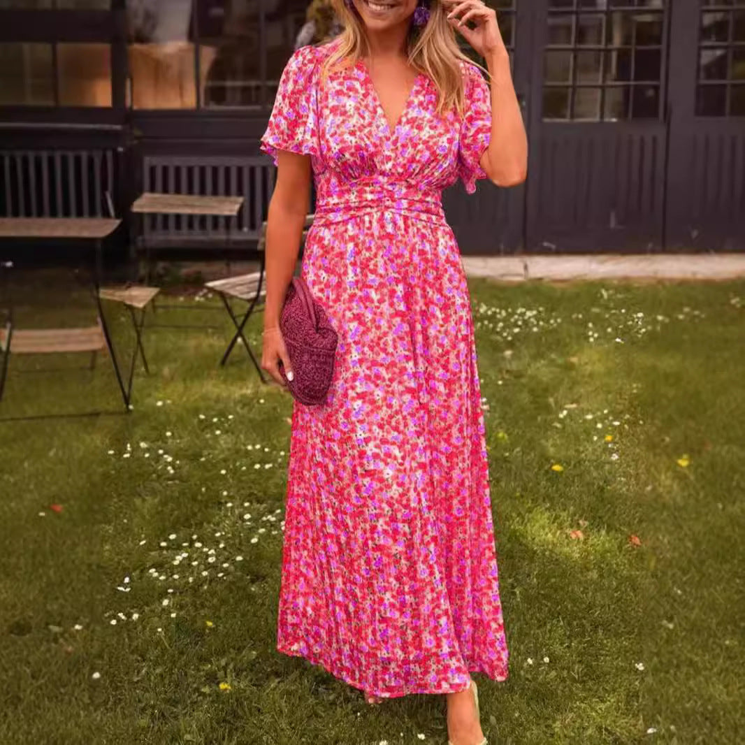 Dame maxikjole med elegant blomsterdesign og dyb V-udskæring Stilla