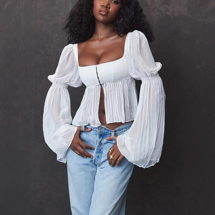 Dame Crop Bluse med Puffærmer Skovae