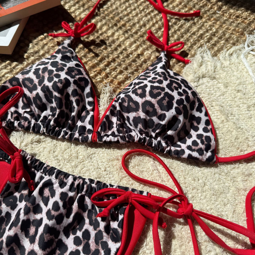 Dame Triangel-Bikini med trendy leopardmønster og justerbare bindebånd Stilla