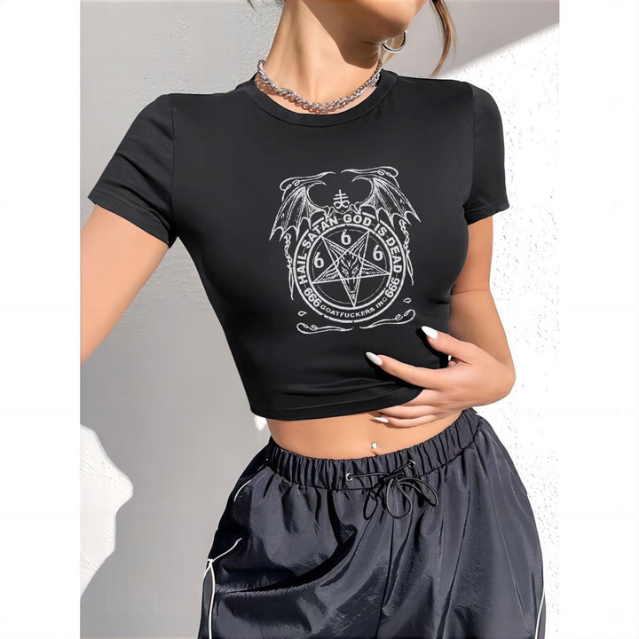 Dame cropped T-shirt med eksklusivt hestemotiv og figurtilpasset snit Skovae