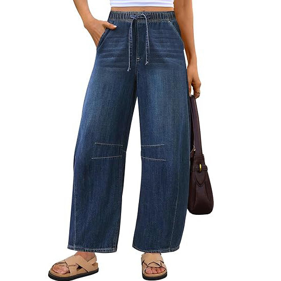 Dame bredde denim-bukser med elastisk talje og praktisk snit Skovae