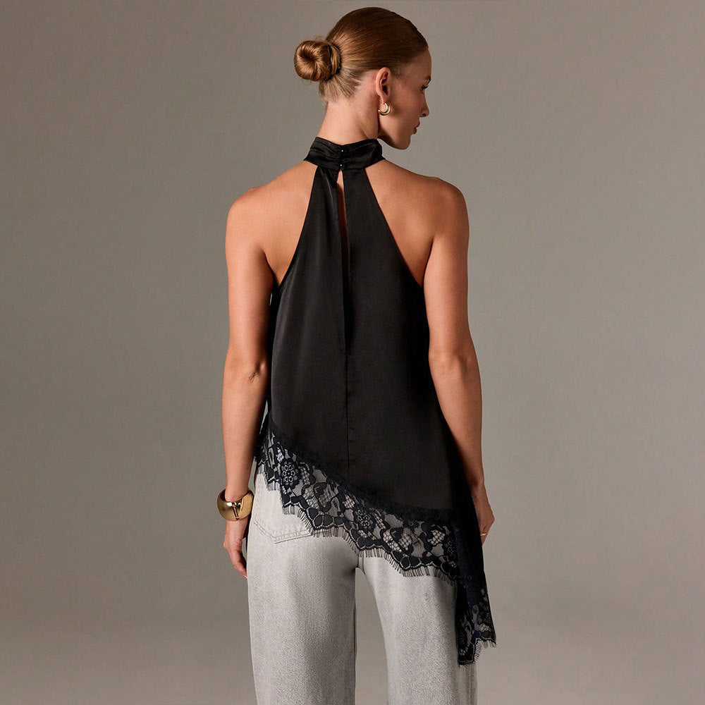 Dame elegant halterneck top med raffineret lace trim Stilla