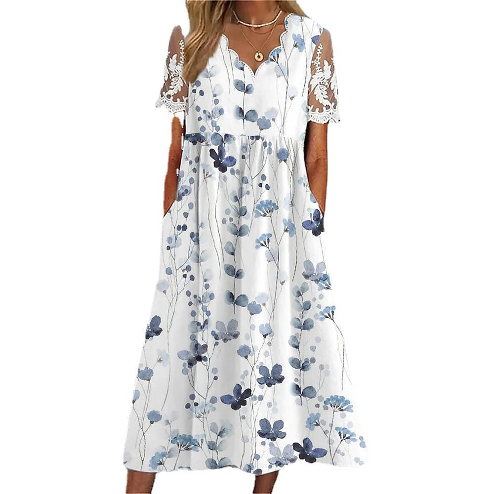 Dame Midi Kjole med Blomsterprint og Spidsærmer Stilla