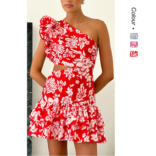 Women's wrap dress with asymmetric design and voluminous ruffles Skovae