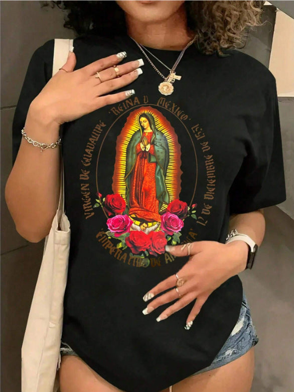 Dame T-shirt med kreativ grafisk tryk og luksuriøse paillet accenter Skovae
