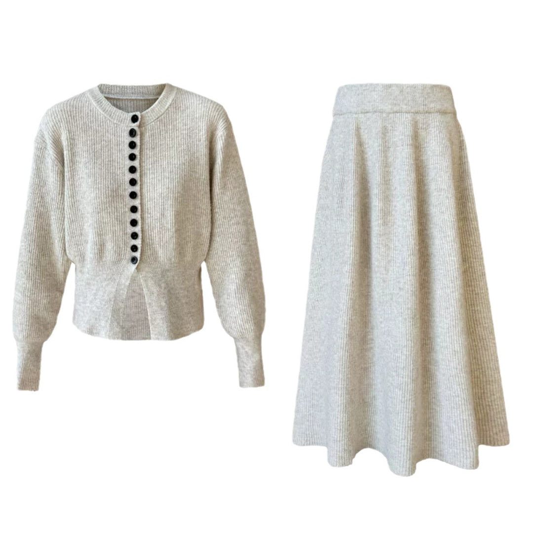 Femme Ribstrik-Cardigan og Maxi-Nederdel Sæt Stilla