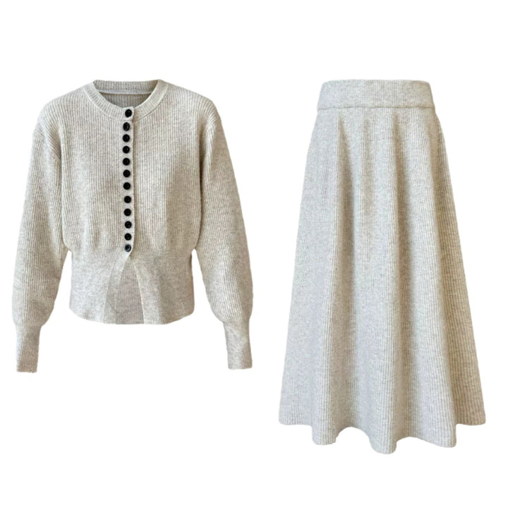 Femme Ribstrik-Cardigan og Maxi-Nederdel Sæt Stilla