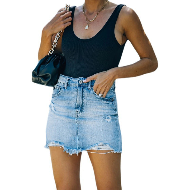 Dame Ribstrik-Bodysuit med revet denim-minip Skørt Stilla