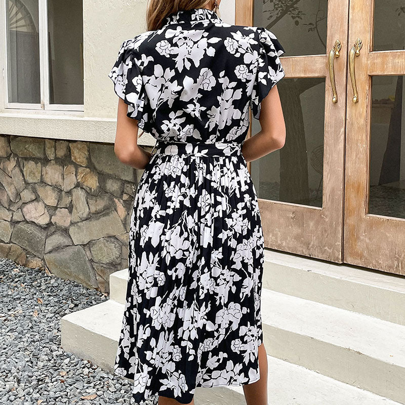 Dame Floral Print Midi Kjole med elegante Flæsekant Stilla
