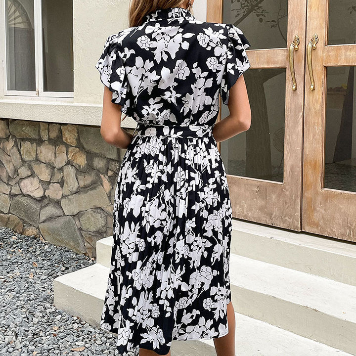 Dame Floral Print Midi Kjole med elegante Flæsekant Stilla