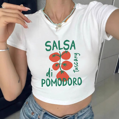 Dame Crop-Top med kreativ tomatmønster og sjov tekst Skovae