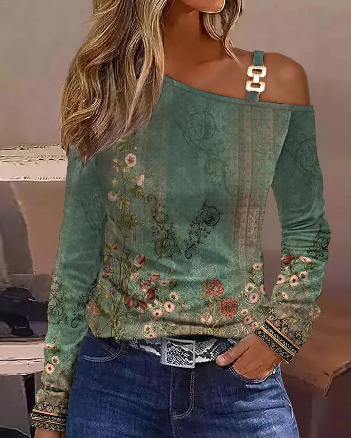 Dame Off-Shoulder Bluse med grafisk mønster og moderne bånddetaljer Stilla