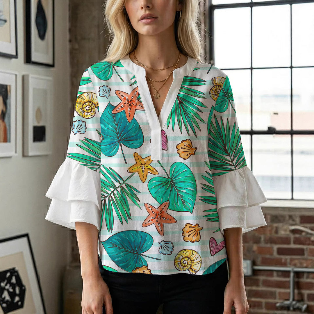 Damebluse med voluminøse rynkede ærmer og moderne motiv Skovae