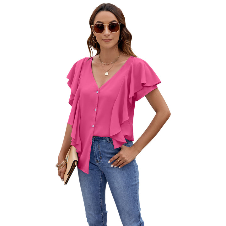 Damebluse med ruffles detaljer og V-udskæring Stilla