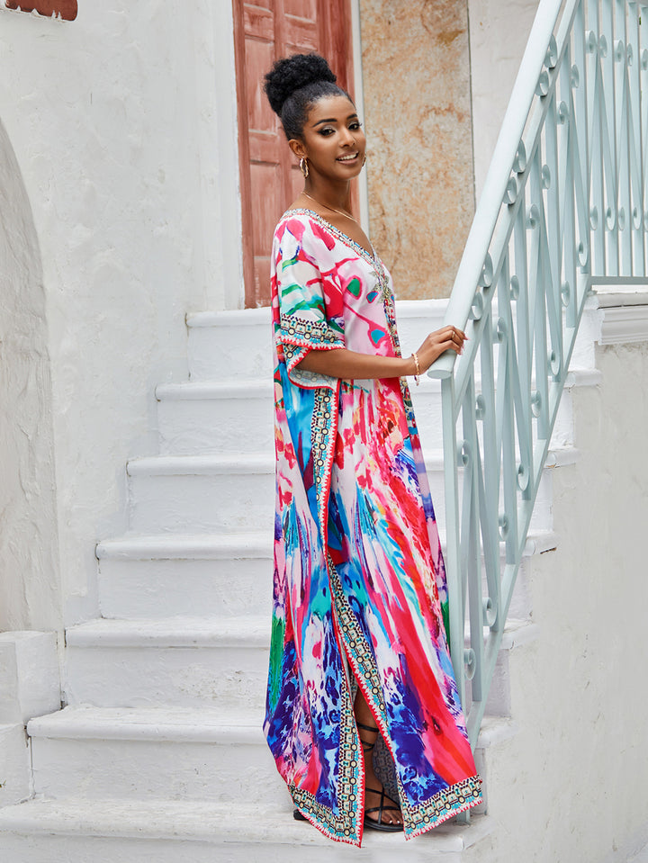Dame Kaftan med kunstnerisk blomsterdesign og elegant V-udskæring Stilla