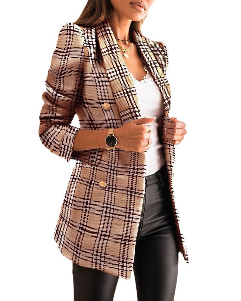 Dameblazer i elegant tweed-stil med dobbelt knaplukning og moderne skulderpuder Stilla