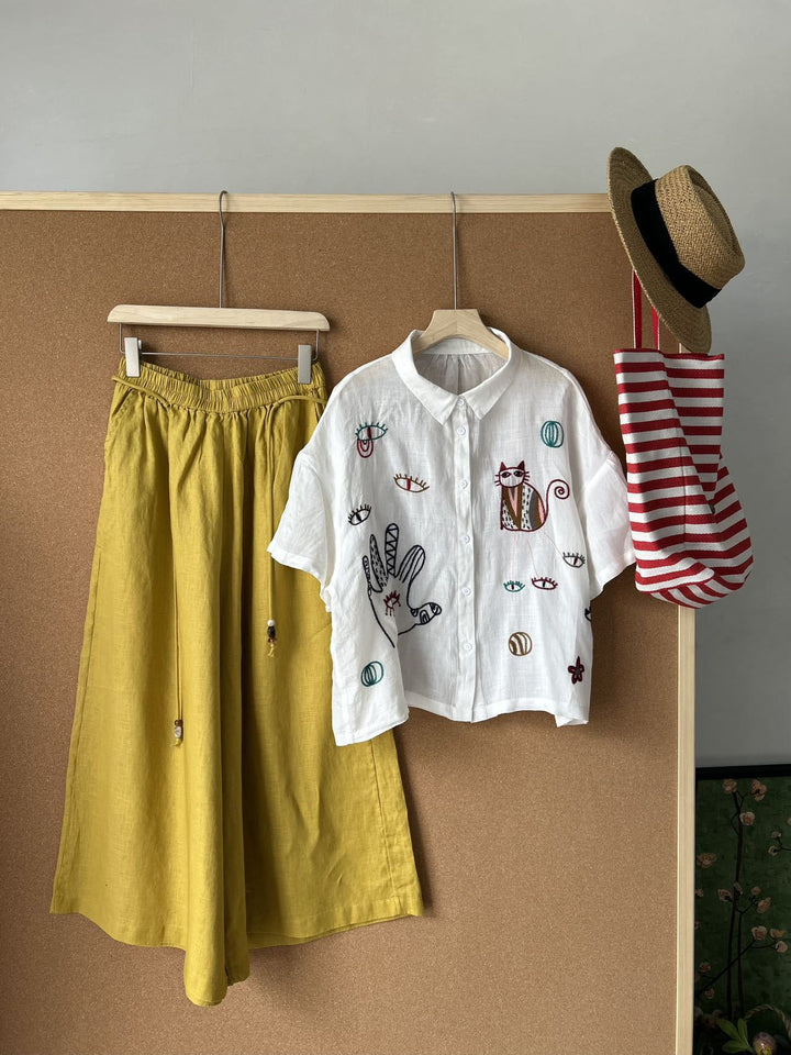 Femme Broderet Kort Button-Up Skjorte og Højtaljet Maxi Nederdel Sæt Stilla