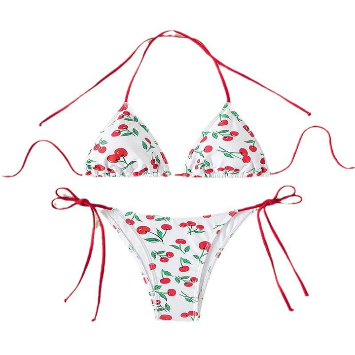 Dame triangel-bikini med frisk kirsebærmotiv og justerbare bindinger Skovae
