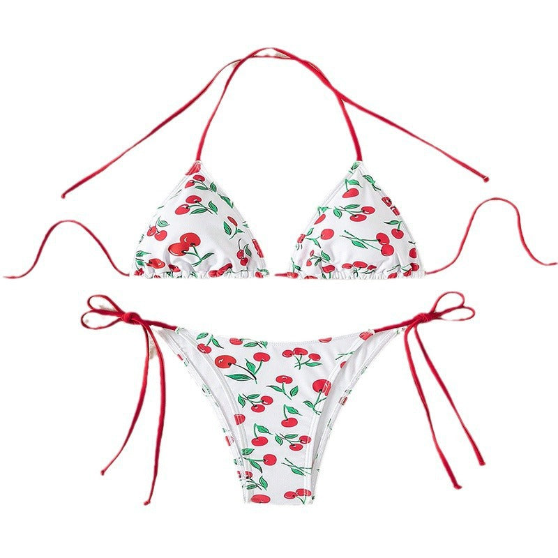Dame triangel-bikini med glad kirsebærmønster og justerbare bindebånd Skovae