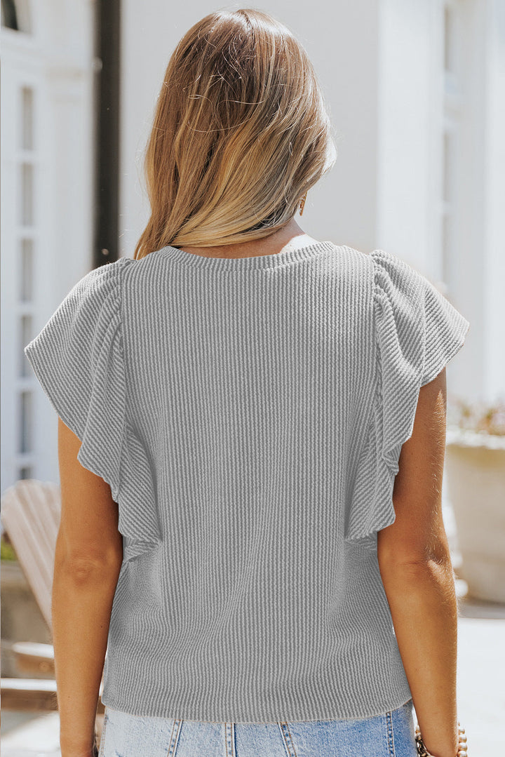 Stilla | Crew Neck Ruffle Kort Ærme Solid Løs Bluse