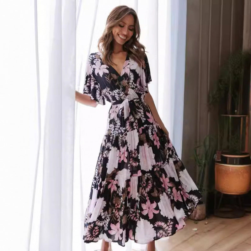 Dame Floraltryk Maxi Wrap Kjole med Lagdelt Nederdel Stilla