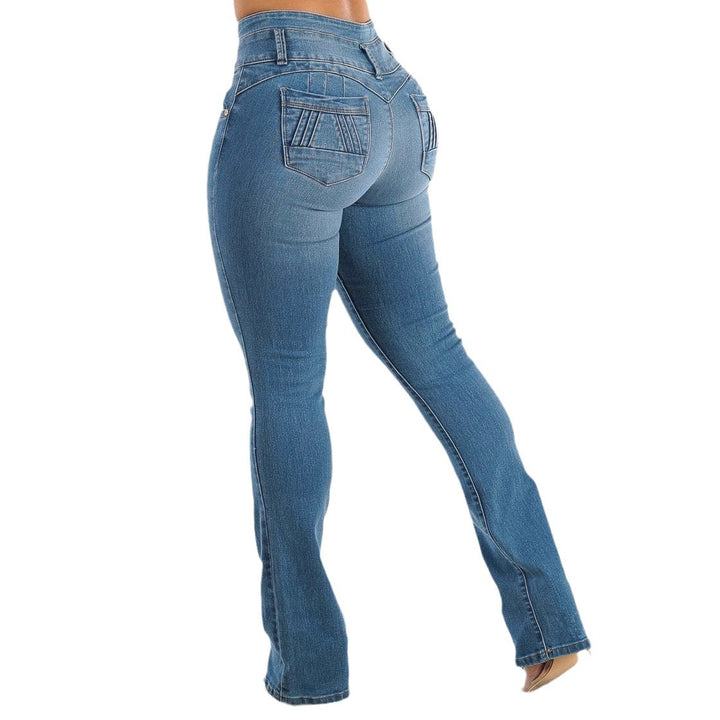 Kvindernes højtaljede jeans med elastisk talje og dekorativ knaplukning Stilla