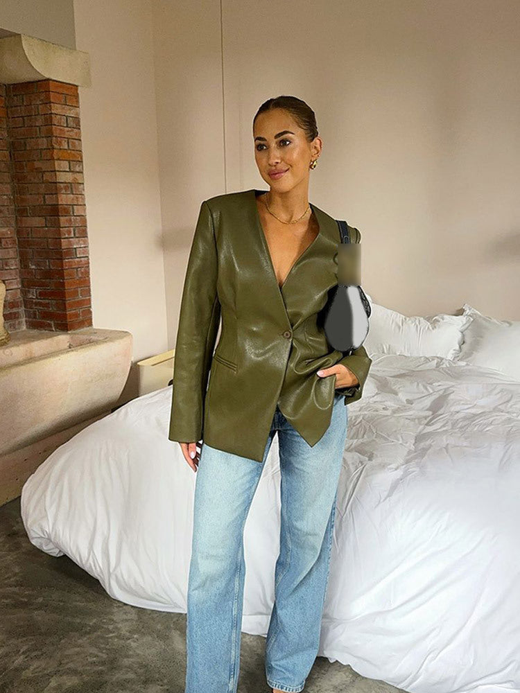 Dame elegant kunstlæder blazer med tætsiddende snit Stilla
