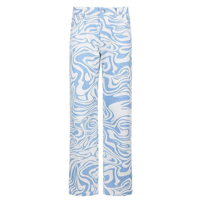 Dame Løse Denim-Bukser med kunstnerisk mønster og høj talje Stilla