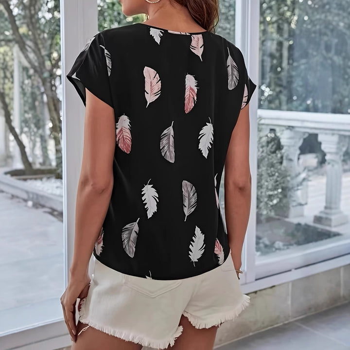 Dame kortærmet bluse med trendy fjer mønster og afslappet snit Stilla