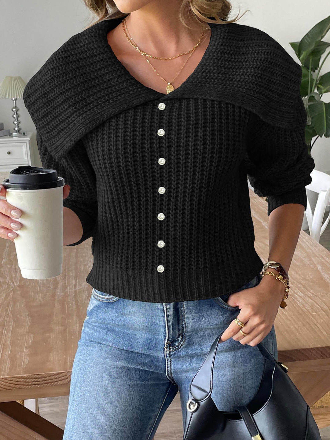Dame elegant strikpullover med smart krave og strukturerede detaljer Stilla
