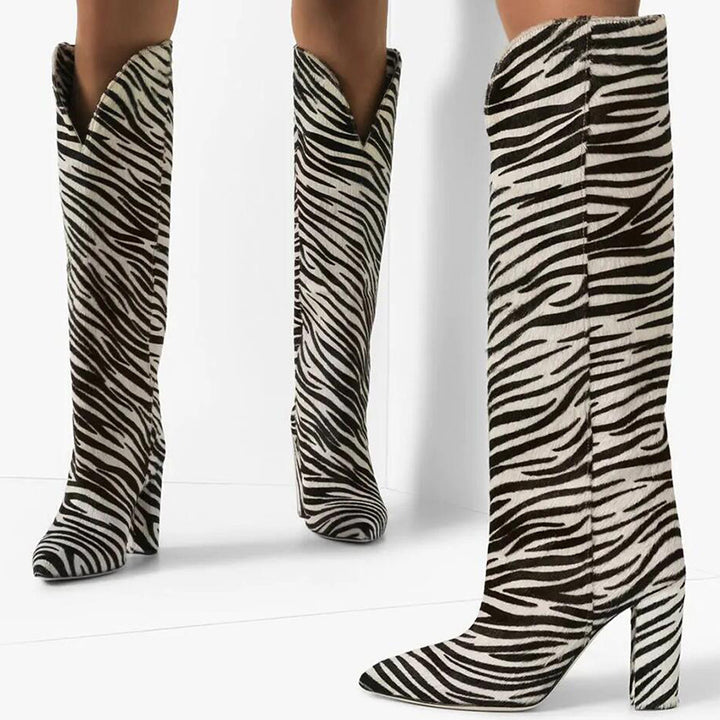 Femme Over-knæet Zebra Tryk Stiletto Støvler Stilla