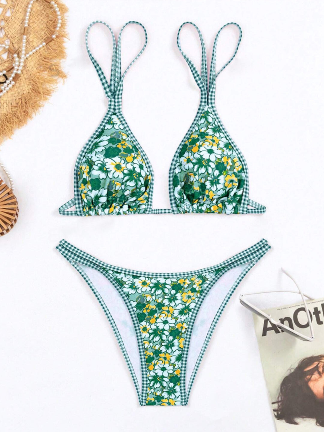 Dame bikini-sæt med blomstret design og ternet top Stilla