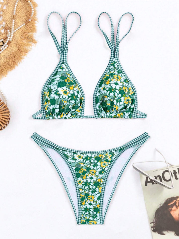 Dame bikini-sæt med blomstret design og ternet top Stilla
