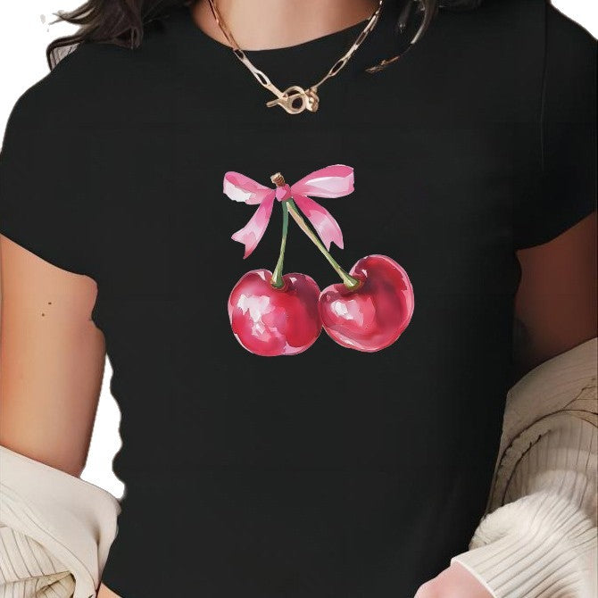 Dame Crop-T-Shirt med muntert kirsebærmotiv Skovae