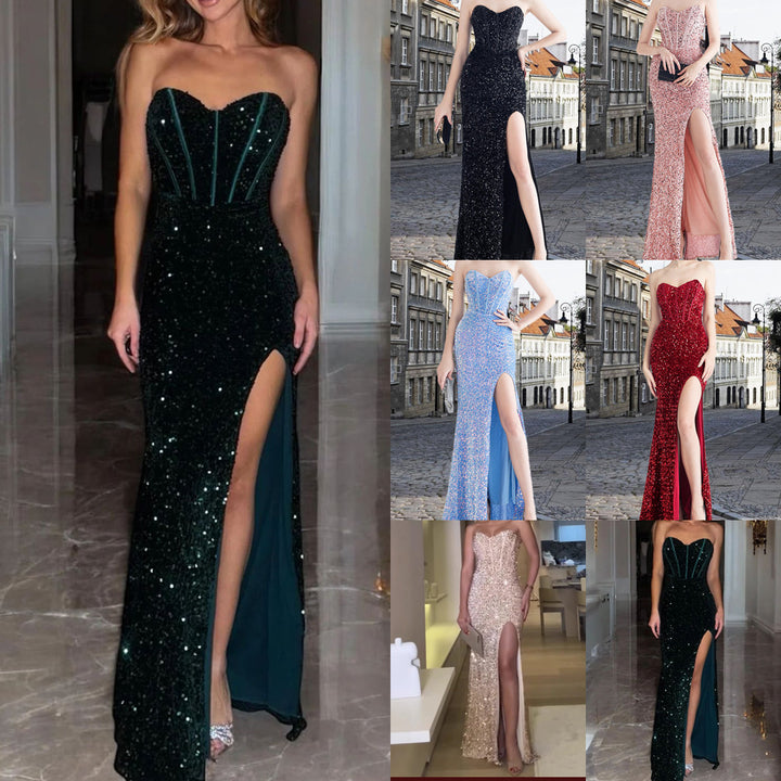 Dame Elegant aftenkjole med glitrende paljetter og høj benåbning Stilla