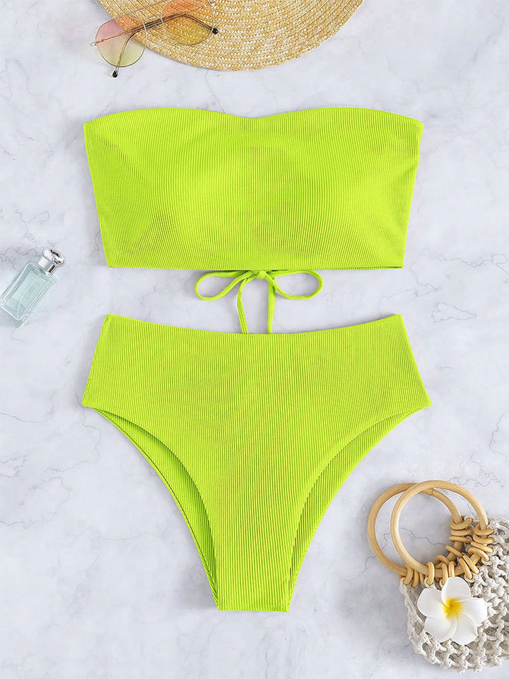 Dame bandeau-bikini med høj talje og ribbet design Skovae