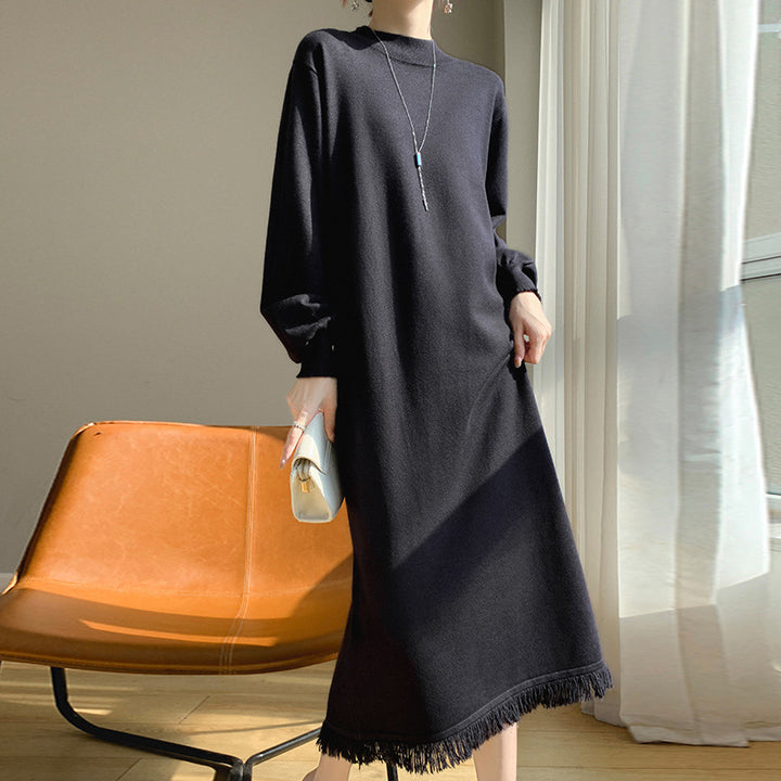 Femme Elegant Strik Maxi Kjole med Frynse Kant Stilla