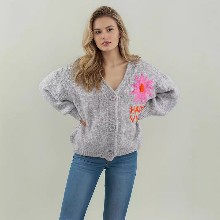 Damer legende cardigan med farverigt blomstermønster og store knapper Stilla