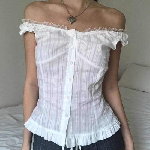 Dame Off-Shoulder Bluse med flæsekanter og knapdetaljer Skovae