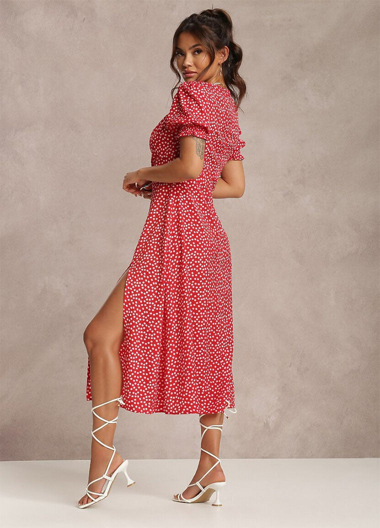 Femme Elegante Puffærmer Høj Slids Midi Kjole Stilla