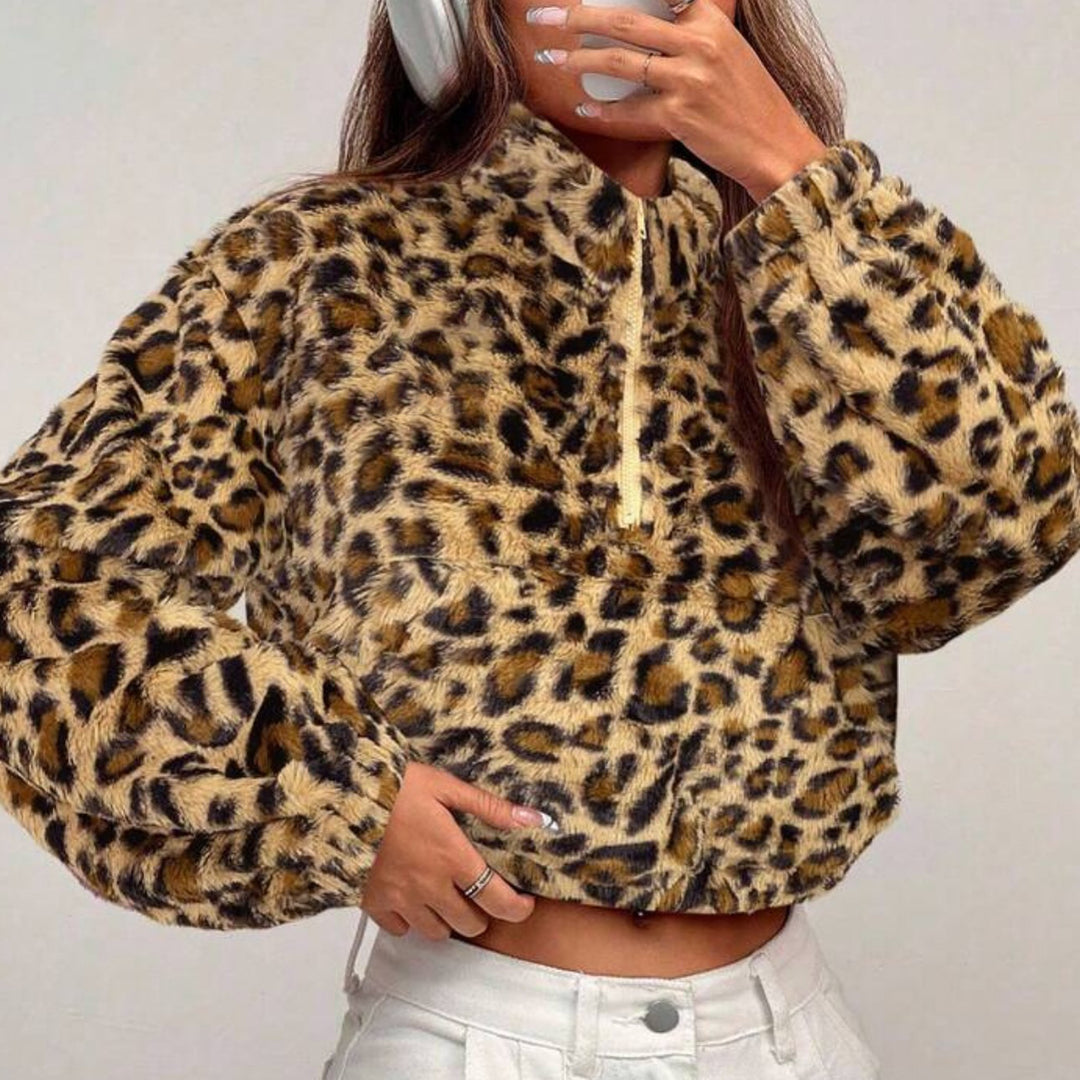 Damer fleece pullover med leopardmønster Stilla