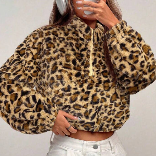 Damer fleece pullover med leopardmønster Stilla