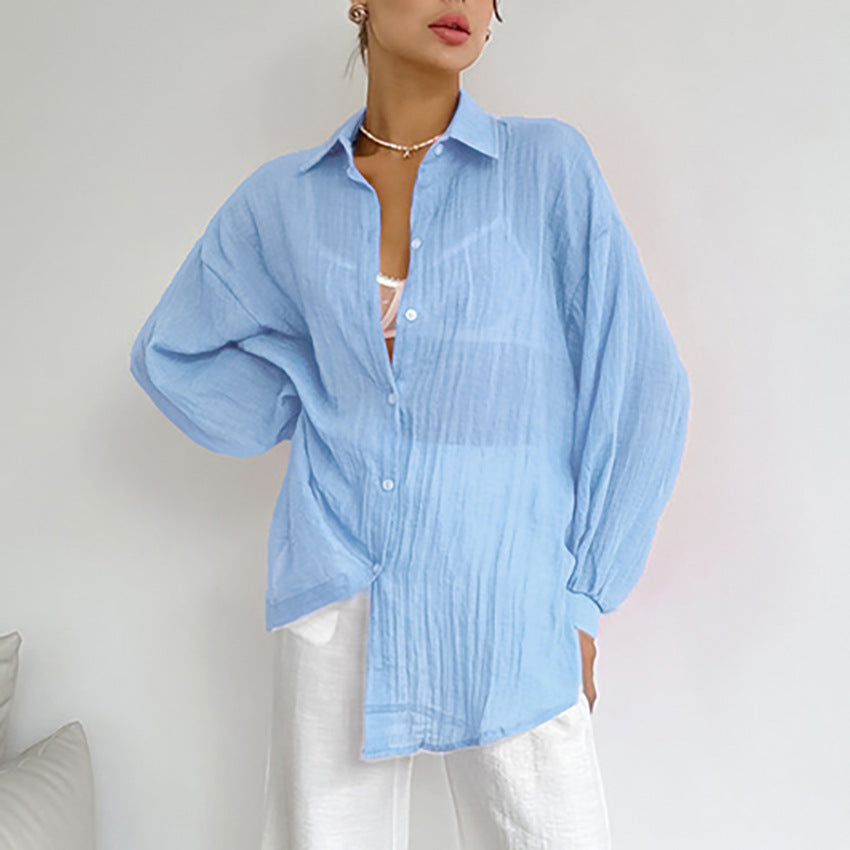 Dame Oversized Skjorte bluse i let linenmix med lange ærmer og moderne snit Stilla