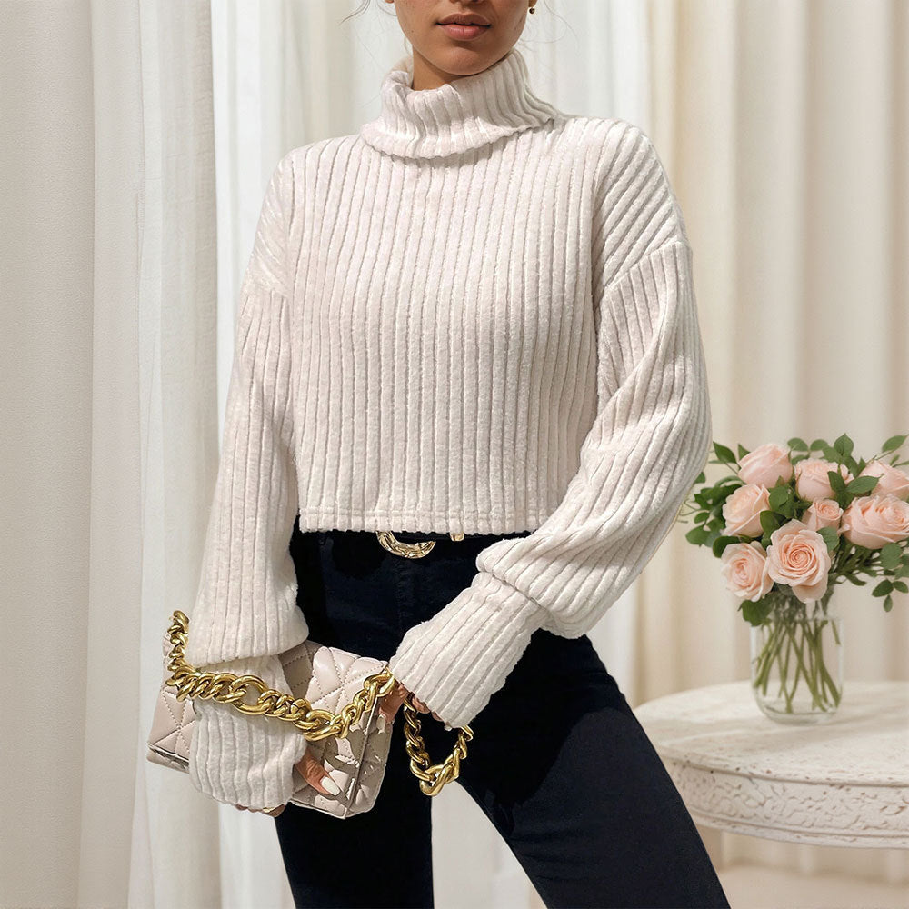Kvinder cropped sweater med høj krave og fin ribstruktur Stilla