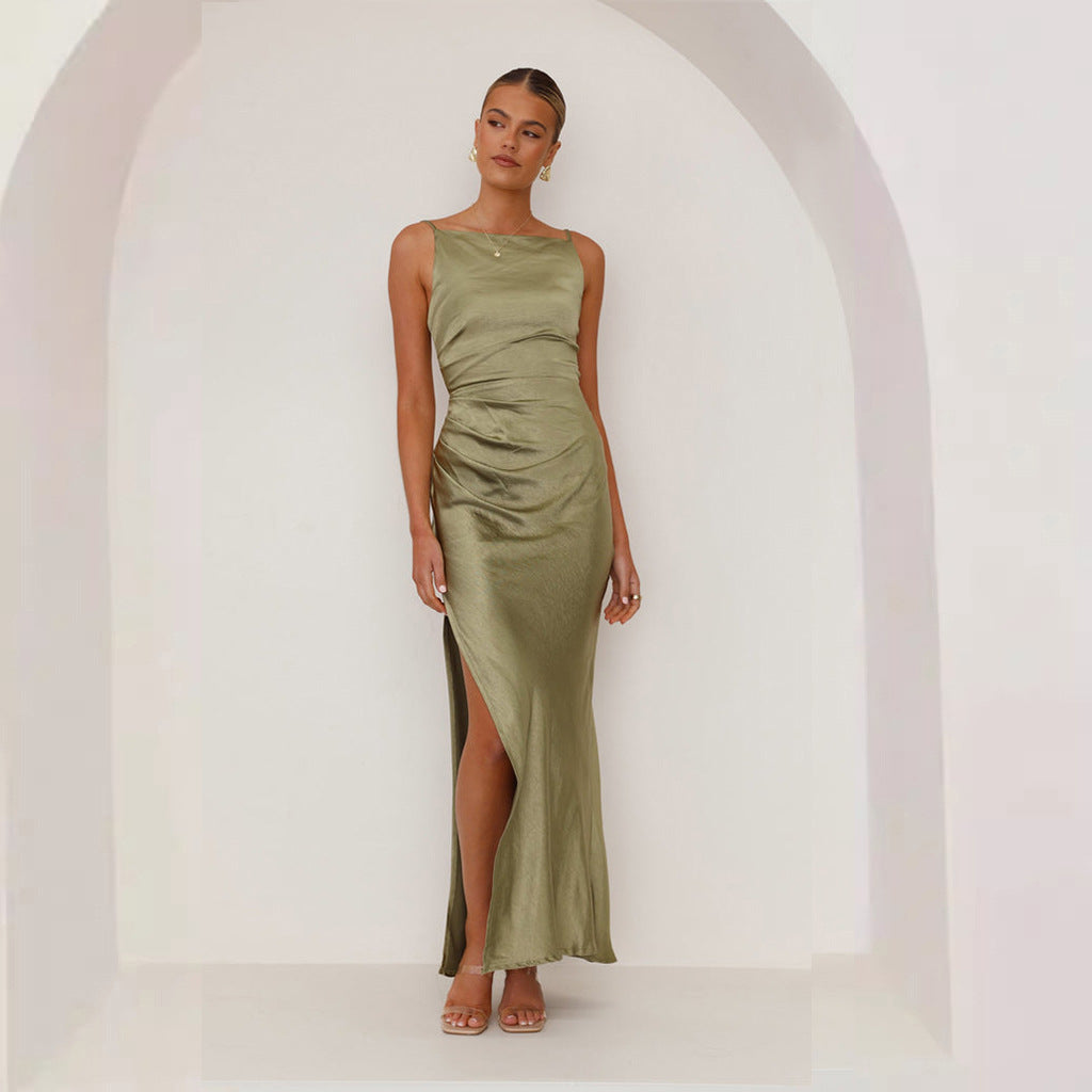 Dames elegante satinv maxi kjole med side slids og smalle stropper