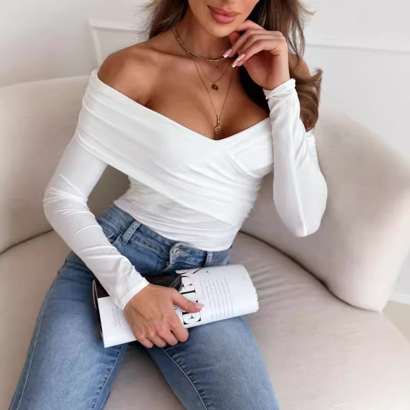 Dame Off-Shoulder Bluse med raffineret indpakningsdesign og elegante lange ærmer Stilla