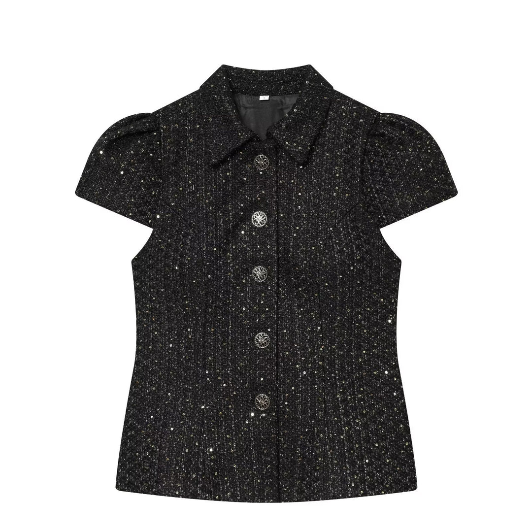 Dame elegant bluse med struktureret stof og dekorative knapper Skovae